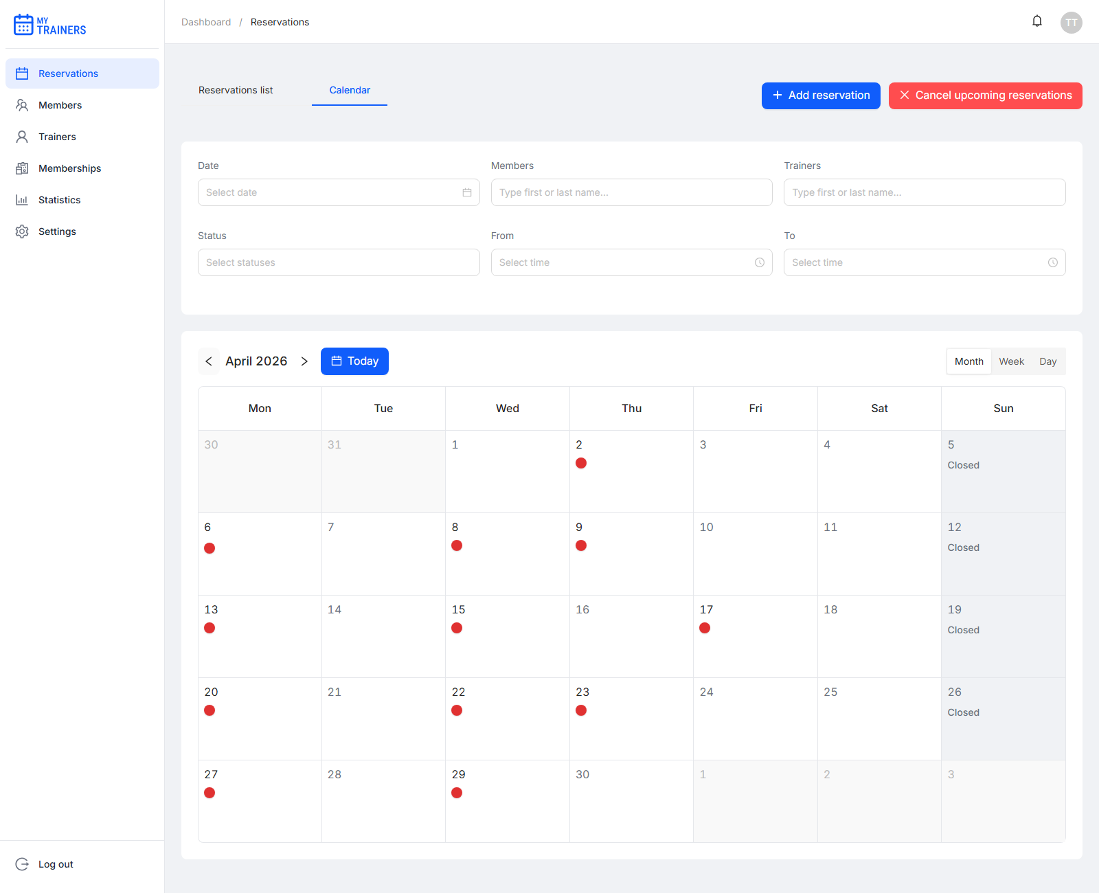 Booking calendar month view with multiple reservation days marked across the facility schedule