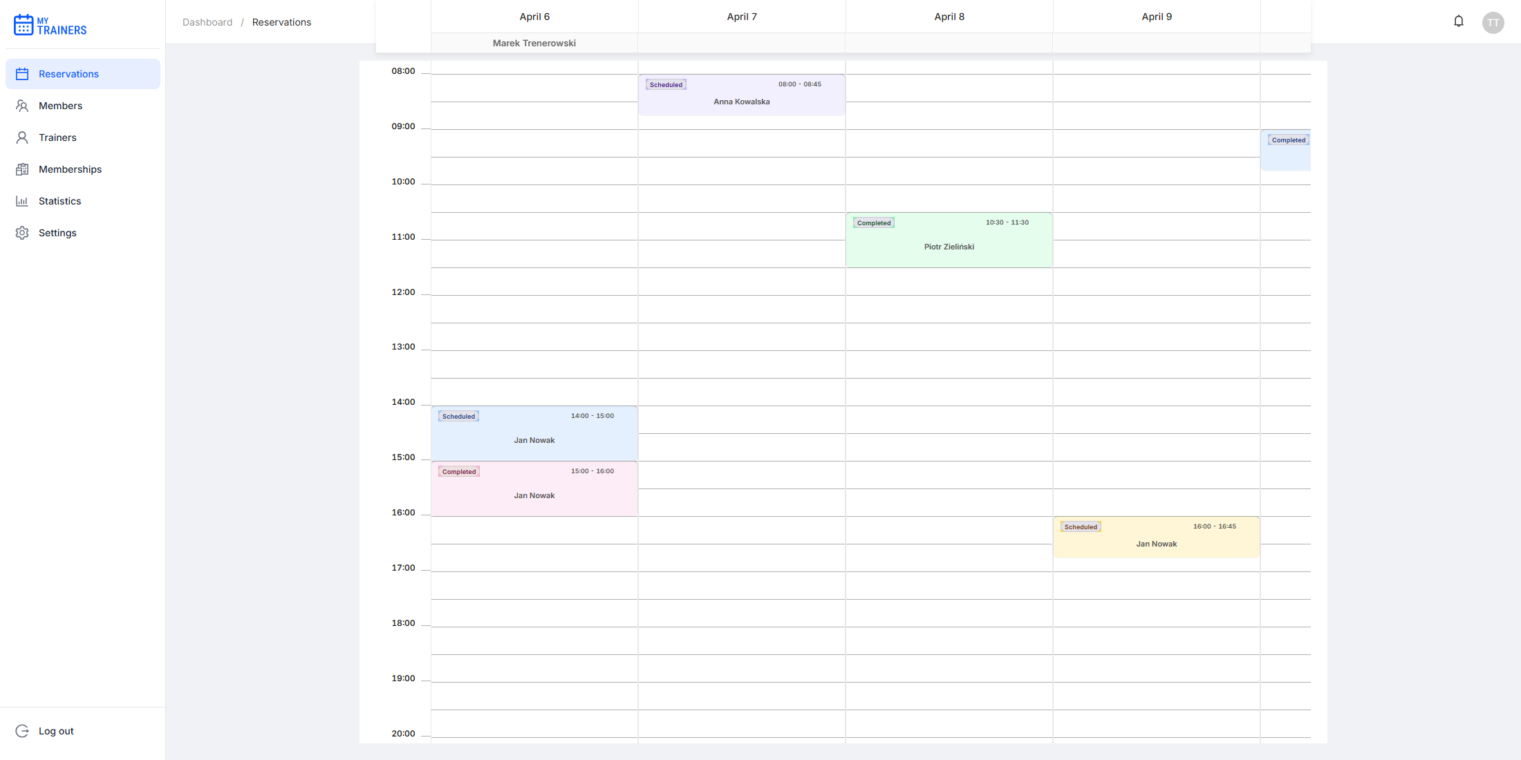 Booking calendar week view showing several scheduled sessions spread across different days and times