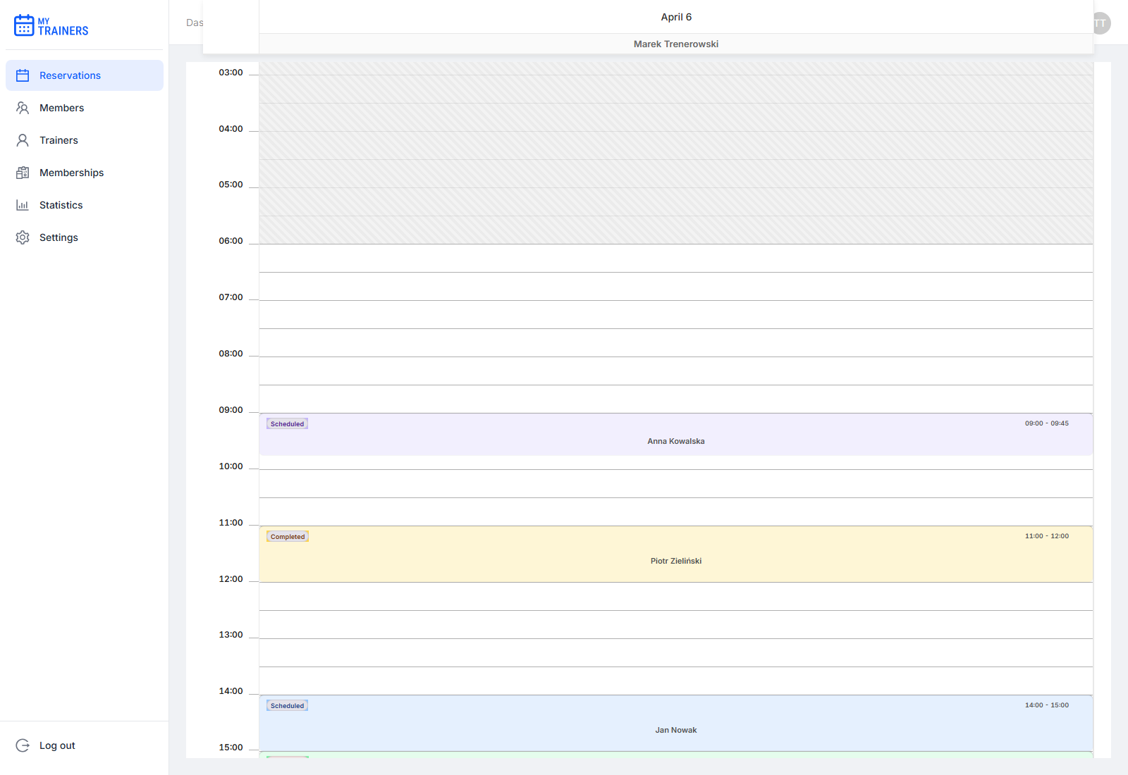 Booking calendar day view showing multiple scheduled training sessions on a trainer's timeline