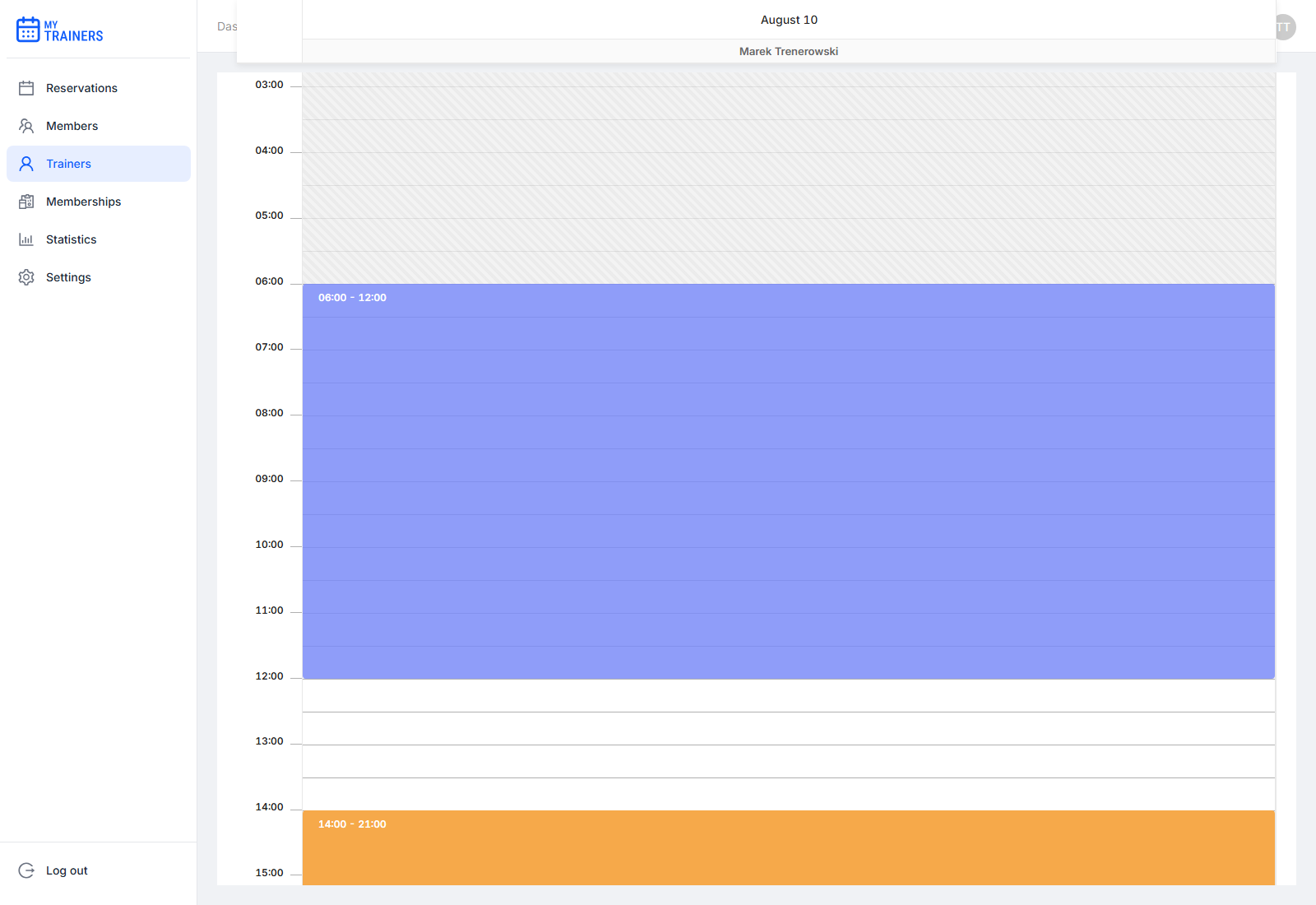 Trainer availability calendar day view showing a split working schedule with a midday break