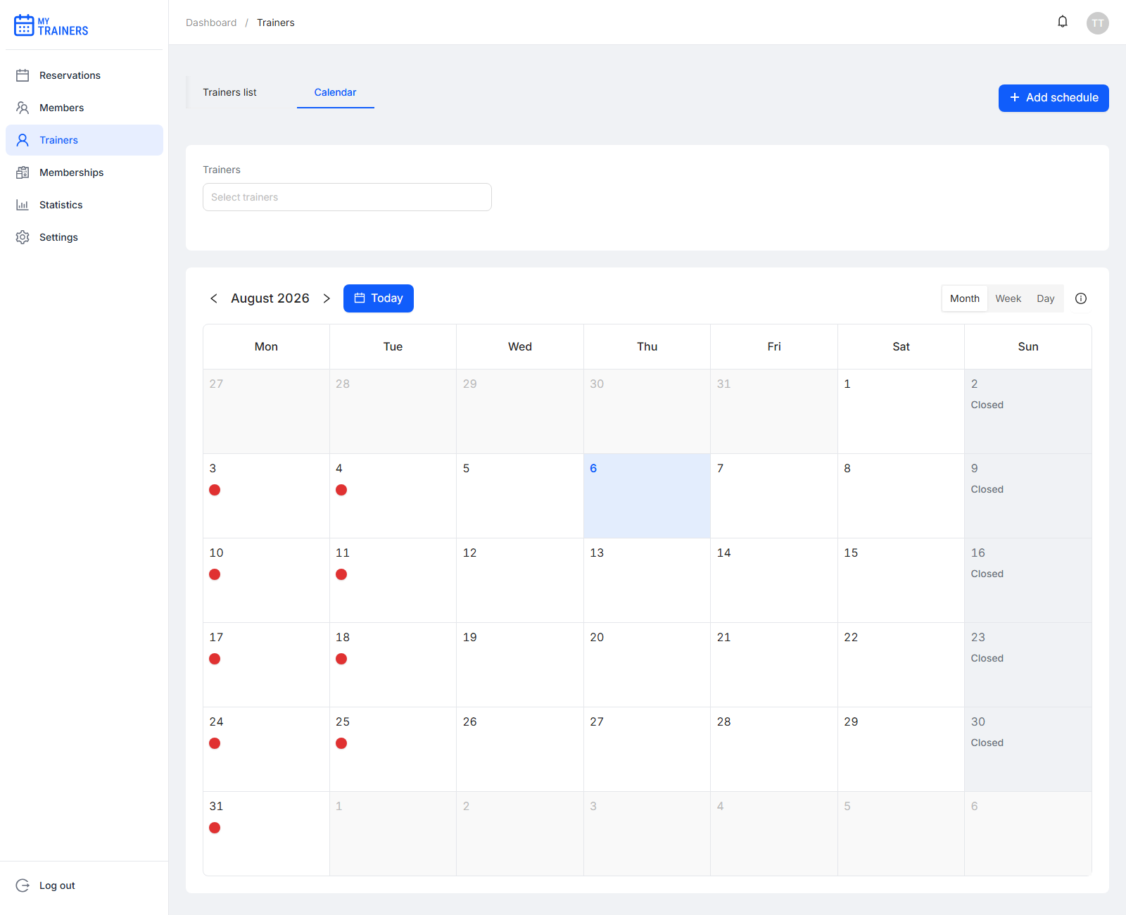 Trainer availability calendar month view with recurring working-hours days marked