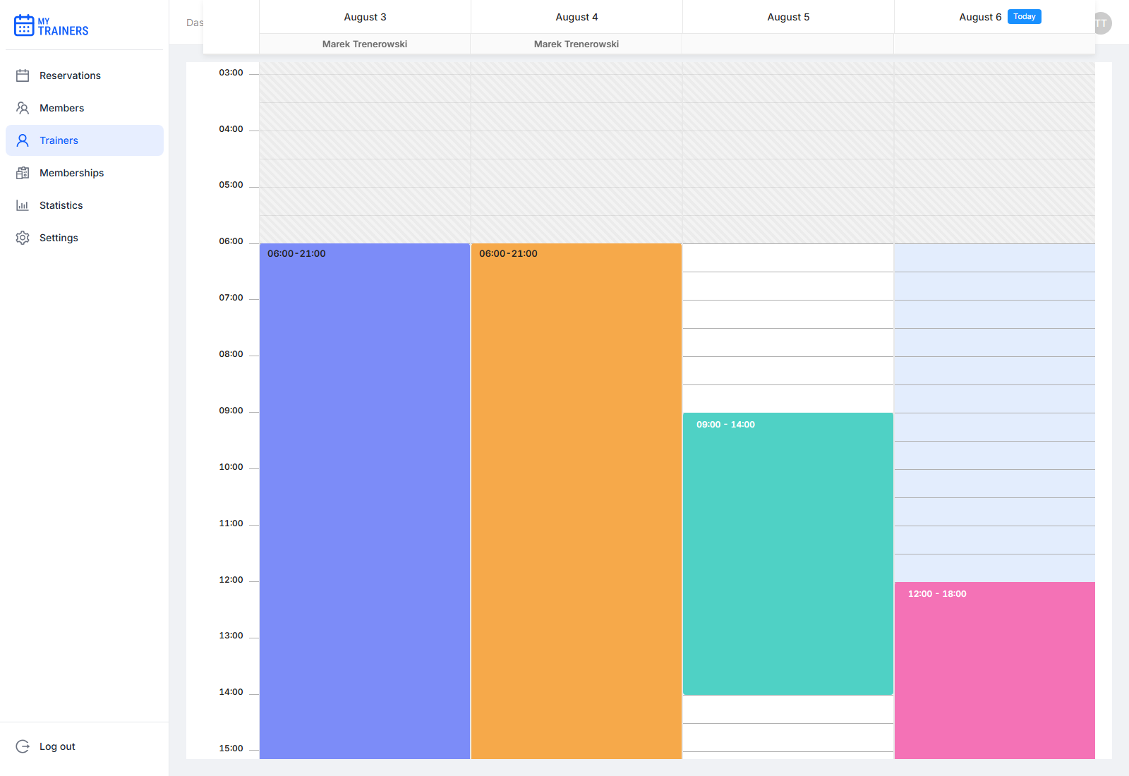 Trainer availability calendar week view showing several availability windows across different days